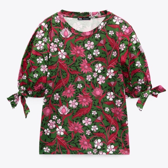 Zara tied sleeve top in floral print m - Picture 3 of 10